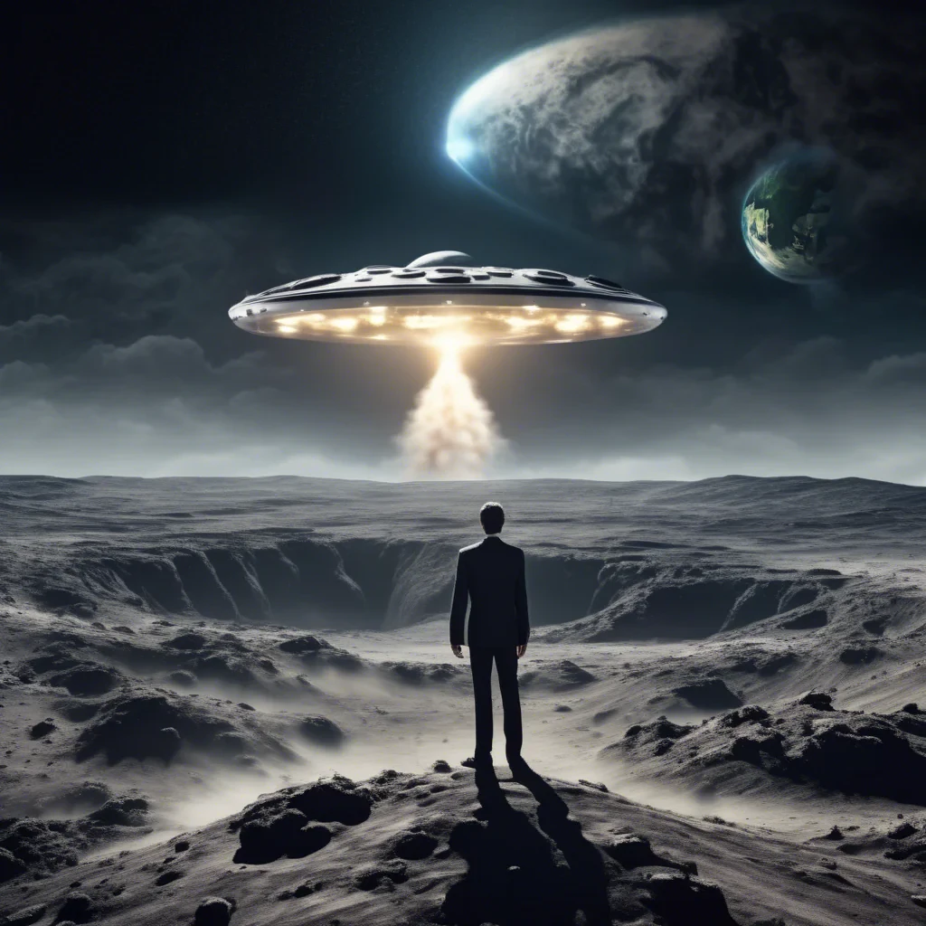 man standing on the moon looking at earth being invaded by ufo's