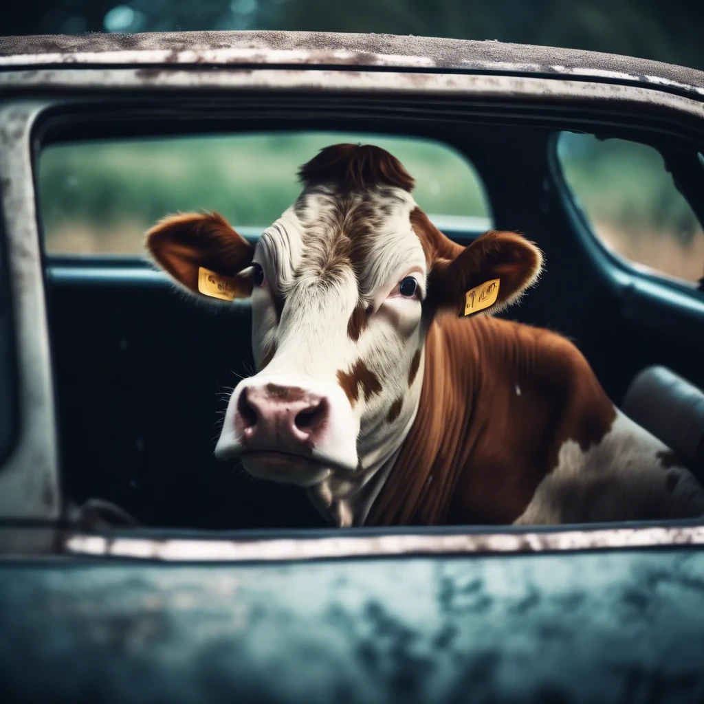 a cow sitting in a car